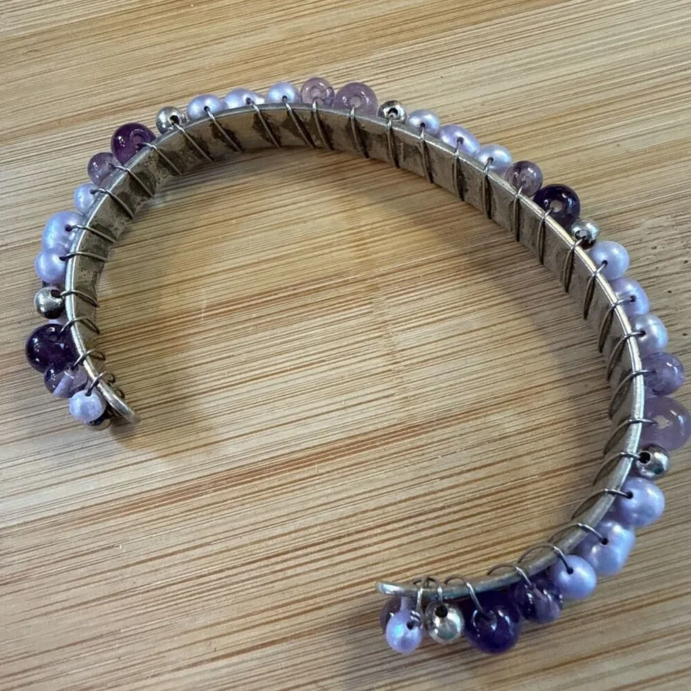 LAVENDER PURPLE PEARL BEAD WIRED BRACELET ON 925 SILVER BANGLE CUFF